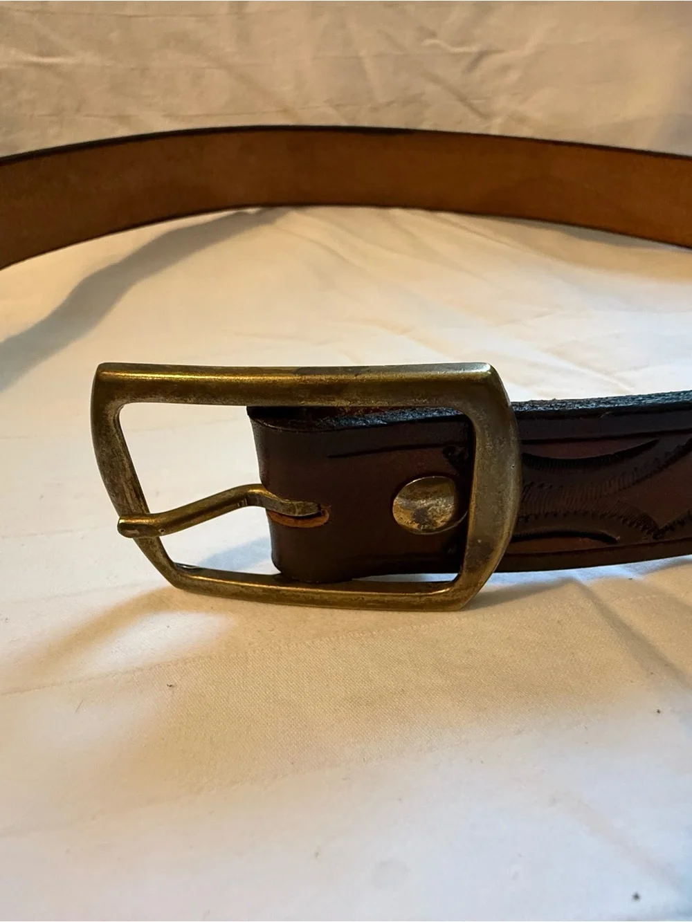 Leather Tooled Brown Men's Belt with Antiqued Brass Buckle